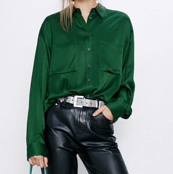 Zara | Tops | Zara Emerald Green Satin 
